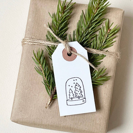 Houten stempel kerst | Stempel met sneeuwbol en kerstbomen