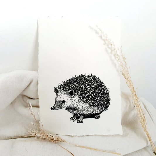 Handmade paper with hedgehog illustration