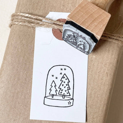 Houten stempel kerst | Stempel met sneeuwbol en kerstbomen
