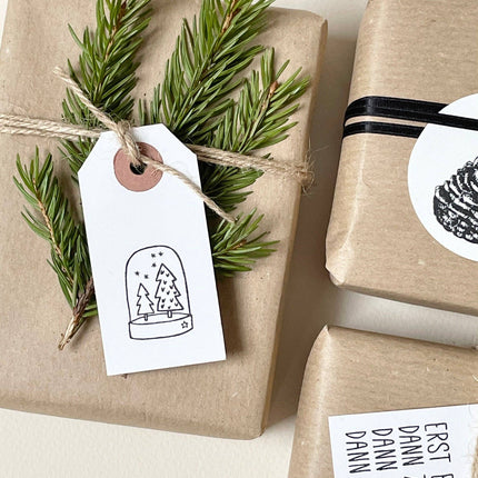 Houten stempel kerst | Stempel met sneeuwbol en kerstbomen
